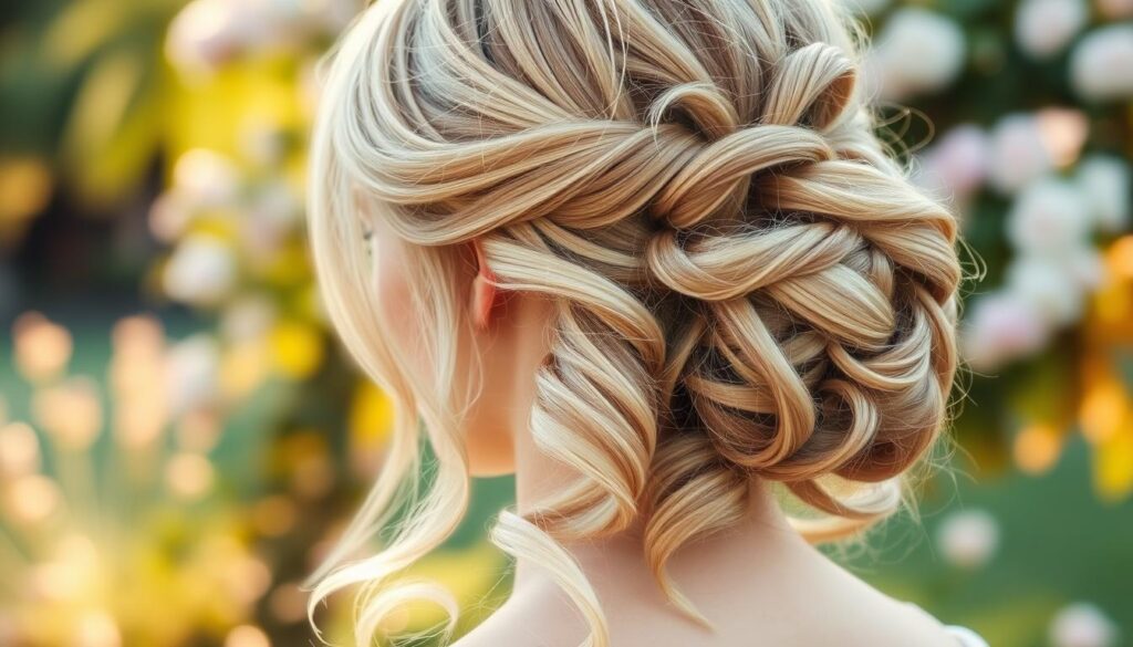 A beautiful, romantic hairstyle featuring a loose updo with gentle waves cascading down. The foreground showcases a close-up of the delicate hair arrangement, where soft tendrils gently frame the face. The middle ground includes a softly blurred background of a lush outdoor setting, perhaps a garden adorned with subtle, pastel flowers, enhancing the elegance of the hairstyle. The lighting is warm and natural, creating a dreamy atmosphere, as if bathed in soft sunlight during golden hour. The angle captures the hair's flowing texture and adds depth to the image. The overall mood is romantic and sophisticated, perfect for an elegant wedding or special occasion hairstyle. A beautiful, romantic hairstyle featuring a loose updo with gentle waves cascading down. The foreground showcases a close-up of the delicate hair arrangement, where soft tendrils gently frame the face. The middle ground includes a softly blurred background of a lush outdoor setting, perhaps a garden adorned with subtle, pastel flowers, enhancing the elegance of the hairstyle. The lighting is warm and natural, creating a dreamy atmosphere, as if bathed in soft sunlight during golden hour. The angle captures the hair's flowing texture and adds depth to the image. The overall mood is romantic and sophisticated, perfect for an elegant wedding or special occasion hairstyle.