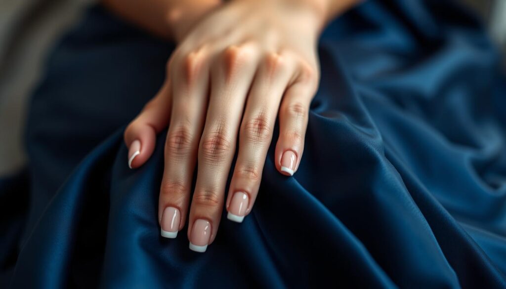 A beautifully arranged close-up of elegant manicure featuring a classic French tip design with a soft, light pink base and a crisp white edge. The nails should be well-groomed and glossy, reflecting a sophisticated yet modern style. The focus is on the hands gently resting on a dark blue satin fabric, reminiscent of an elegant evening dress. The background is softly blurred to enhance the foreground, creating a refined atmosphere. Soft, diffused lighting illuminates the scene, highlighting the sheen of the nails and the texture of the fabric. The composition evokes a sense of elegance and sophistication suitable for a formal occasion, capturing the essence of pairing manicured nails with a blue dress.