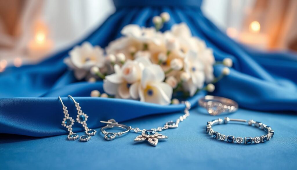 A beautifully arranged display of jewelry tailored for a blue dress, focusing on elegant pieces such as sparkling silver earrings, a delicate necklace with blue gemstones, and a fine bracelet. The foreground features the jewelry laid out on a soft, satin cloth in a rich royal blue, complementing the dress color. In the middle, showcase a softly lit, elegant aesthetic with hints of flowers or fabric draping in lighter shades to enhance the overall composition. The background is blurred to create a dreamy atmosphere with warm, inviting lighting that casts gentle shadows, emphasizing the brilliance of the jewelry. The overall mood should convey sophistication and allure, ideal for a wedding setting. A beautifully arranged display of jewelry tailored for a blue dress, focusing on elegant pieces such as sparkling silver earrings, a delicate necklace with blue gemstones, and a fine bracelet. The foreground features the jewelry laid out on a soft, satin cloth in a rich royal blue, complementing the dress color. In the middle, showcase a softly lit, elegant aesthetic with hints of flowers or fabric draping in lighter shades to enhance the overall composition. The background is blurred to create a dreamy atmosphere with warm, inviting lighting that casts gentle shadows, emphasizing the brilliance of the jewelry. The overall mood should convey sophistication and allure, ideal for a wedding setting.