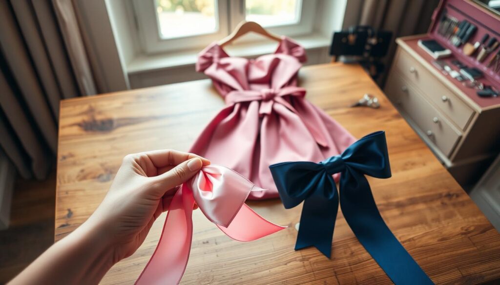 A beautifully arranged scene showcasing the preparation of a ribbon for tying a bow. In the foreground, a pair of skilled hands delicately handling vibrant, satin ribbons, one in soft pastel pink and the other in deep navy blue, skillfully creating elegant folds. The middle ground features a neatly folded dress placed on a wooden table, complemented by a matching belt. Soft, natural light floods the scene from a window, highlighting the textures of the fabric and ribbons, casting gentle shadows. In the background, a stylish sewing kit with various tools is subtly visible, adding depth. The atmosphere is calm and focused, emanating a sense of creativity and preparation for a special occasion, perfect for illustrating how to achieve an ideal bow.