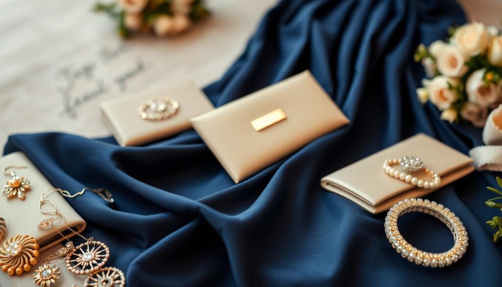 A beautifully styled flat lay featuring elegant accessories suitable for a blue dress at a wedding. In the foreground, focus on shimmering gold and silver jewelry, including delicate earrings and bracelets, with assorted neutral-toned accessories like a beige clutch and a soft gray scarf. In the middle, a rich navy blue fabric gently drapes, accentuating the contrast with the metallics and neutrals. The background is a soft, blurred image of a garden setting, suggesting an outdoor wedding atmosphere with muted floral elements. The overall lighting is warm and inviting, with a slight golden hour glow that enhances the luxurious feel. The composition is balanced and aesthetically pleasing, reflecting sophistication and elegance. A beautifully styled flat lay featuring elegant accessories suitable for a blue dress at a wedding. In the foreground, focus on shimmering gold and silver jewelry, including delicate earrings and bracelets, with assorted neutral-toned accessories like a beige clutch and a soft gray scarf. In the middle, a rich navy blue fabric gently drapes, accentuating the contrast with the metallics and neutrals. The background is a soft, blurred image of a garden setting, suggesting an outdoor wedding atmosphere with muted floral elements. The overall lighting is warm and inviting, with a slight golden hour glow that enhances the luxurious feel. The composition is balanced and aesthetically pleasing, reflecting sophistication and elegance.