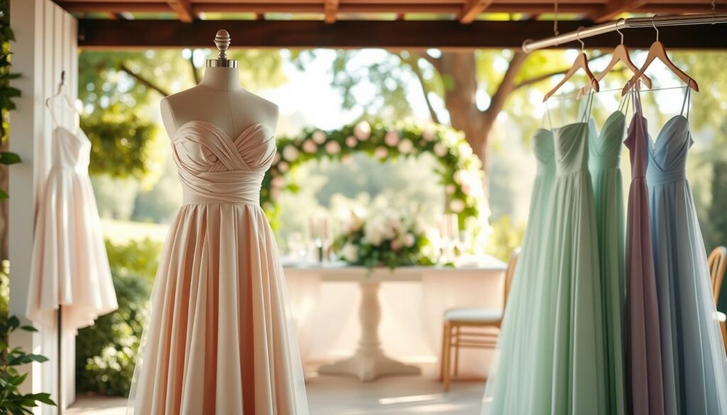 A beautifully styled wedding scene featuring a serene palette of bottle green and pastel-colored wedding dresses. In the foreground, elegantly draped dresses in soft hues of blush pink, lavender, and mint green are displayed on a chic mannequin or hung on an ornate rack, capturing the essence of sophisticated bridal fashion. The middle ground showcases a beautifully set outdoor wedding table, adorned with lush greenery and delicate floral arrangements, evoking a romantic and tranquil atmosphere. In the background, soft, diffused sunlight filters through trees, casting gentle shadows that create a dreamy ambiance. A shallow depth of field blurs the background, emphasizing the dresses in the foreground. The overall mood is refined, celebrating elegance and the thoughtful alternatives to traditional wedding colors, perfect for a stylish celebration.