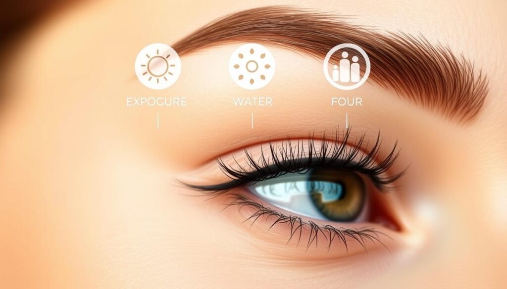 A close-up composition showcasing elements influencing the longevity of eyebrow permanent makeup. In the foreground, display a beautifully defined eyebrow with rich pigment, highlighting various factors affecting pigment durability. In the middle ground, incorporate visual representations of environmental influences, such as sun exposure, water, and skin type, illustrated through soft icons or symbols. In the background, create a subtle gradient that suggests time passing, evoking a sense of long-lasting beauty. Use warm, natural lighting to enhance the colors and textures, simulating a calm and professional atmosphere. The lens should be slightly blurred towards the edges to focus on the eyebrow, drawing the viewer's attention to the details of pigment saturation and fading.