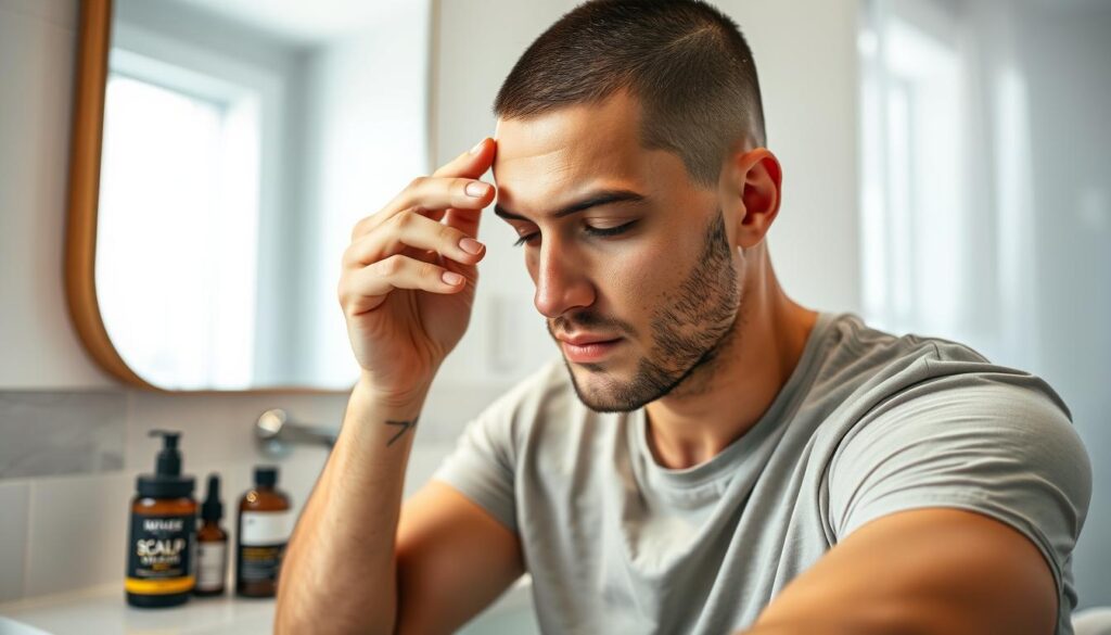 A close-up, detailed scene of a man with a fresh buzz cut, applying scalp care products. He is sitting in a well-lit bathroom with modern fixtures, showcasing a clean and minimalist aesthetic. The foreground highlights his hand gently massaging a nourishing oil or balm into his scalp, emphasizing texture and the importance of scalp health. The middle ground includes various hair care products neatly arranged on the counter, such as a scalp scrub, oil, and serum, indicating a skincare routine. The background features a large mirror reflecting soft, natural light, contributing to a fresh and invigorating atmosphere. The mood is calm and professional, focusing on self-care and maintenance. The man is dressed in a simple, modest t-shirt, ensuring the focus remains on the grooming process. A close-up, detailed scene of a man with a fresh buzz cut, applying scalp care products. He is sitting in a well-lit bathroom with modern fixtures, showcasing a clean and minimalist aesthetic. The foreground highlights his hand gently massaging a nourishing oil or balm into his scalp, emphasizing texture and the importance of scalp health. The middle ground includes various hair care products neatly arranged on the counter, such as a scalp scrub, oil, and serum, indicating a skincare routine. The background features a large mirror reflecting soft, natural light, contributing to a fresh and invigorating atmosphere. The mood is calm and professional, focusing on self-care and maintenance. The man is dressed in a simple, modest t-shirt, ensuring the focus remains on the grooming process.