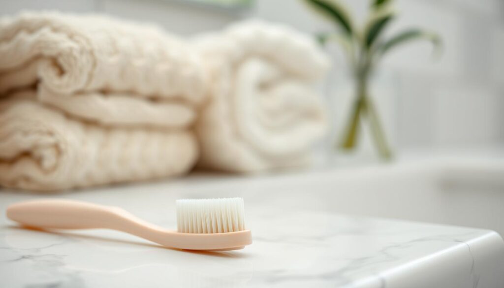 A close-up image of a soft-bristled toothbrush beside a small tube of toothpaste, both elegantly arranged on a clean, white marble countertop. The toothbrush features gentle, pastel-colored bristles to signify softness, with a slightly angled head for optimal cleaning. The toothpaste is a light pink hue, evoking a sense of care and delicacy. Soft, diffused lighting illuminates the scene, creating an inviting and calm atmosphere, with a shallow depth of field drawing focus to the toothbrush and toothpaste. In the background, there are hints of a muted bathroom setting to provide context, such as blurred out plush towels and a subtle hint of plants, enhancing the overall serene ambiance of a personal care routine.