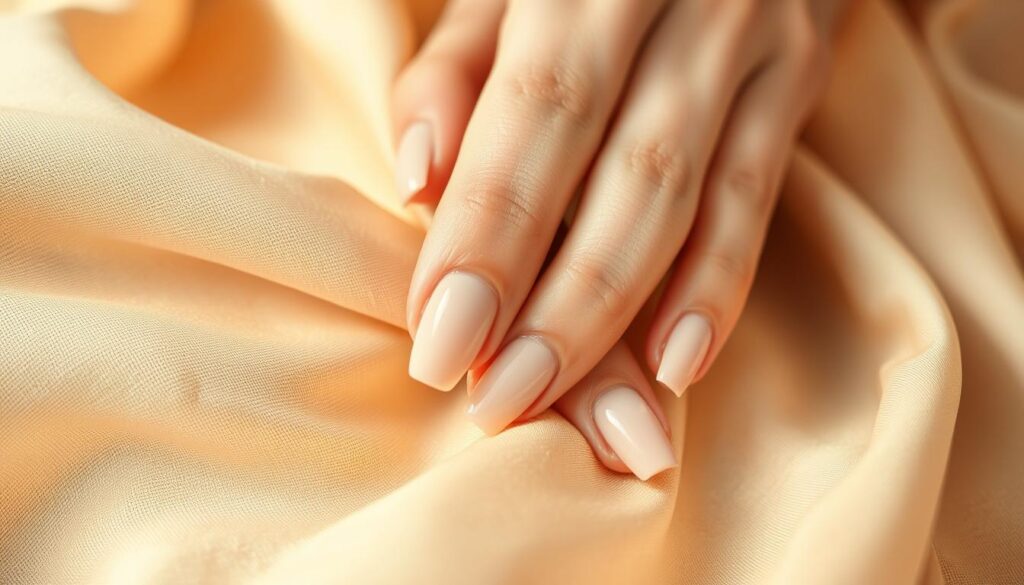 A close-up image of elegantly manicured nails featuring a soft nude and milky finish, gracefully resting on a delicate fabric of a beige dress. The fingers should be positioned naturally, showcasing the smooth, glossy surface of the nails, suggesting elegance and subtlety. The background should be softly blurred to highlight the manicure, with warm, natural lighting enhancing the soft tones of the dress. The overall atmosphere should evoke sophistication and calm, capturing a refined aesthetic. The focus should be on the harmonious blend of colors, creating a cohesive and stylish look that complements the beige dress while exuding a sense of tranquility and grace.