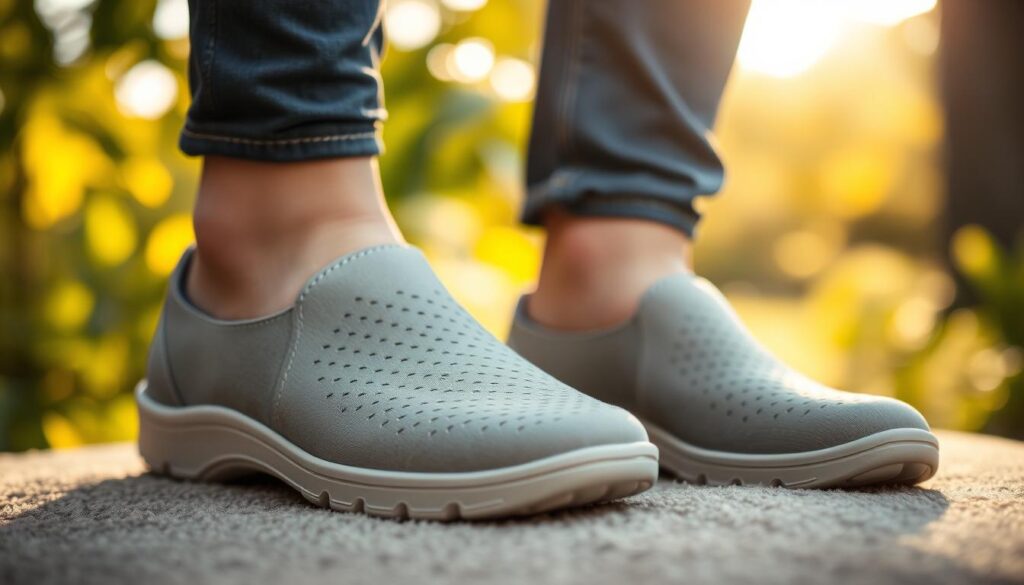 A close-up of a stylish pair of Legero shoes designed for sensitive feet, displayed on a soft, textured surface that evokes comfort. The shoes should feature a lightweight design with breathable material, showcasing intricate stitching and a cushioned sole. In the background, a softly blurred natural setting with warm sunlight filtering through leaves creates a serene atmosphere, emphasizing the soothing experience of wearing these shoes. The focus is sharp on the footwear, capturing its details, while the background provides a gentle, calming context. The lighting is soft and diffused, enhancing the shoe's features and inviting the viewer to imagine the comfort they provide.