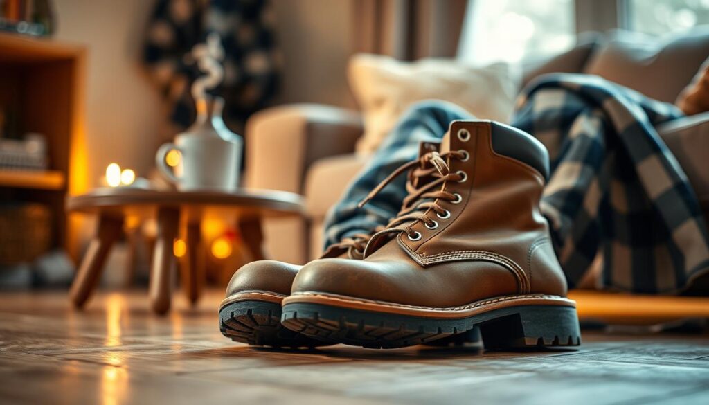 A close-up of a stylish pair of rugged Lumberjack boots resting comfortably on a wooden floor, emphasizing their design features such as the thick soles, durable leather, and striking laces. In the background, hints of a cozy living space with warm, soft lighting create an inviting atmosphere, perhaps including a small table with a steaming cup of coffee and a flannel shirt draped casually. Use a shallow depth of field to focus on the boots while gently blurring the background, evoking a sense of comfort and everyday wearability. The overall mood should convey warmth and relaxation, showcasing how these iconic boots seamlessly fit into a laid-back lifestyle. A close-up of a stylish pair of rugged Lumberjack boots resting comfortably on a wooden floor, emphasizing their design features such as the thick soles, durable leather, and striking laces. In the background, hints of a cozy living space with warm, soft lighting create an inviting atmosphere, perhaps including a small table with a steaming cup of coffee and a flannel shirt draped casually. Use a shallow depth of field to focus on the boots while gently blurring the background, evoking a sense of comfort and everyday wearability. The overall mood should convey warmth and relaxation, showcasing how these iconic boots seamlessly fit into a laid-back lifestyle.
