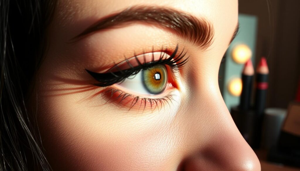 A close-up of a woman’s eye showcasing enhanced makeup techniques for eye enlargement. The foreground highlights her eye with expertly applied eyeliner, emphasizing the shape and contour. Lush eyelashes gently frame the eye, while a subtle thin winged eyeliner extends gracefully, demonstrating elegance. The middle showcases her eyelids with soft, blended eyeshadow in light tones that seamlessly transition into deeper shades, creating depth. In the background, a softly lit vanity with makeup tools, highlighting a bright pencil and mascara, adds a touch of glamour. Natural lighting casts a warm glow, enhancing the vivid colors of the makeup. The overall mood is sophisticated yet inviting, aimed to inspire makeup enthusiasts. A close-up of a woman’s eye showcasing enhanced makeup techniques for eye enlargement. The foreground highlights her eye with expertly applied eyeliner, emphasizing the shape and contour. Lush eyelashes gently frame the eye, while a subtle thin winged eyeliner extends gracefully, demonstrating elegance. The middle showcases her eyelids with soft, blended eyeshadow in light tones that seamlessly transition into deeper shades, creating depth. In the background, a softly lit vanity with makeup tools, highlighting a bright pencil and mascara, adds a touch of glamour. Natural lighting casts a warm glow, enhancing the vivid colors of the makeup. The overall mood is sophisticated yet inviting, aimed to inspire makeup enthusiasts.