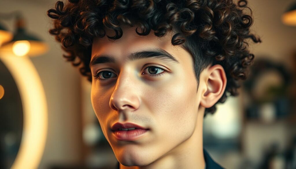 A close-up portrait of a young man with naturally curly hair styled in a short, modern haircut. The foreground features his textured curls, neatly shaped with defined edges to highlight the natural bounce and volume. In the middle, capture the essence of trendy grooming techniques, showcasing the versatility of short hairstyles suitable for curly hair. The background should be softly blurred, suggesting a stylish barbershop ambiance, with warm lighting creating an inviting atmosphere. Use a slight overhead angle to emphasize the haircut’s features, while ensuring the subject is dressed in a smart casual outfit, reflecting confidence and style. The overall mood is fresh, modern, and approachable. A close-up portrait of a young man with naturally curly hair styled in a short, modern haircut. The foreground features his textured curls, neatly shaped with defined edges to highlight the natural bounce and volume. In the middle, capture the essence of trendy grooming techniques, showcasing the versatility of short hairstyles suitable for curly hair. The background should be softly blurred, suggesting a stylish barbershop ambiance, with warm lighting creating an inviting atmosphere. Use a slight overhead angle to emphasize the haircut’s features, while ensuring the subject is dressed in a smart casual outfit, reflecting confidence and style. The overall mood is fresh, modern, and approachable.