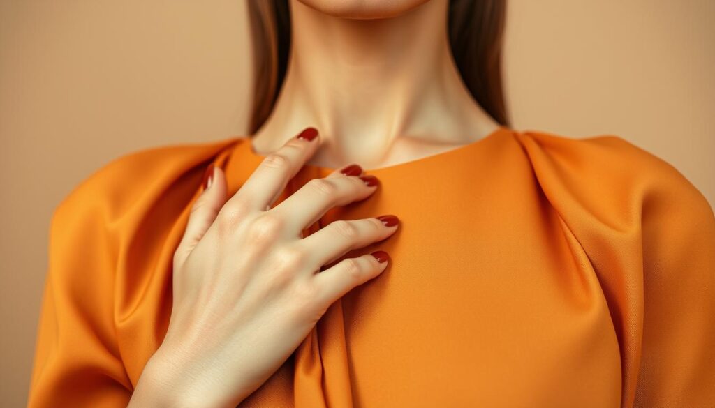 A close-up shot of beautifully manicured nails painted in warm brown tones, elegantly complemented by a caramel-colored dress. The nails exhibit a glossy finish, showcasing intricate detailing that reflects earthy hues, harmonizing with the soft fabric of the dress. Set against a neutral-toned background that enhances the richness of the colors, with soft, diffused lighting to create a warm, inviting atmosphere. The camera angle captures both the hands and the neckline of the dress, emphasizing the stylish combination of the manicure and the garment. The mood is sophisticated yet approachable, embodying a sense of understated elegance perfect for a modern aesthetic.