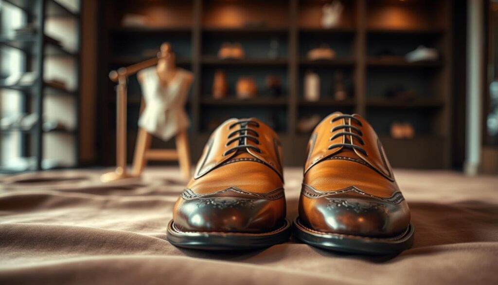 A close-up view of a beautifully designed pair of Lloyd premium shoes, showcasing their intricate craftsmanship and luxurious materials. The shoes should be elegantly lit, highlighting the fine leather texture and the polish that reflects quality. In the foreground, focus on the shoes placed on a soft, rich fabric background that complements their elegance. In the middle ground, include subtle elements like a classic wooden shoe rack or a minimalist display stand to enhance the premium feel. The background should be softly blurred, hinting at a sophisticated boutique setting with warm, inviting lighting. The overall mood should convey comfort and timeless style, emphasizing the unmatched quality and elegance of Lloyd footwear.