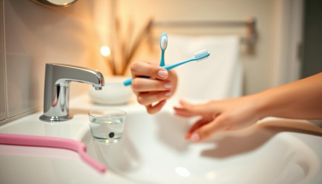 A close-up view of a clean, organized bathroom sink setup, showcasing a gentle oral hygiene routine for post-permanent makeup care. The foreground features a soft-bristled toothbrush and a non-abrasive toothpaste, with a small cup of water nearby. In the middle, a hand carefully holds the toothbrush, emphasizing a meticulous technique while avoiding any direct contact with a healing lip area. The background softly blurs to reveal a serene bathroom ambiance with warm lighting, creating a calming atmosphere. The focus highlights the importance of delicate care during the first days of healing, illustrated through soft shadows and a soothing color palette. The overall mood conveys safety and professionalism in self-care.