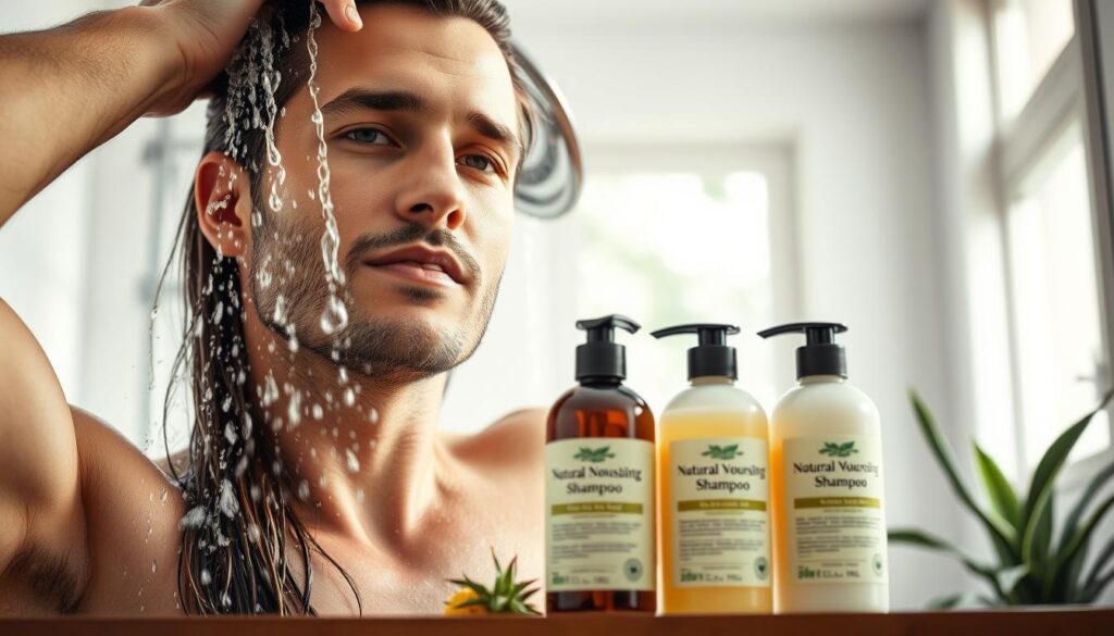 A close-up view of a man in a bright, airy bathroom, gently washing his long hair under a modern shower. He has a focused yet relaxed expression, showcasing the importance of proper hair care. The water cascades over his hair, highlighting its shine and smoothness. In the foreground, bottles of nourishing shampoo and conditioner with natural ingredients are artistically arranged on a stylish shelf. Soft, diffused natural light streams through a window, creating a warm and inviting atmosphere. The background features minimalist decor with plants, enhancing the sense of tranquility and self-care. The overall mood is serene and professional, reflecting the commitment to maintaining healthy, hydrated hair without dryness. A close-up view of a man in a bright, airy bathroom, gently washing his long hair under a modern shower. He has a focused yet relaxed expression, showcasing the importance of proper hair care. The water cascades over his hair, highlighting its shine and smoothness. In the foreground, bottles of nourishing shampoo and conditioner with natural ingredients are artistically arranged on a stylish shelf. Soft, diffused natural light streams through a window, creating a warm and inviting atmosphere. The background features minimalist decor with plants, enhancing the sense of tranquility and self-care. The overall mood is serene and professional, reflecting the commitment to maintaining healthy, hydrated hair without dryness.