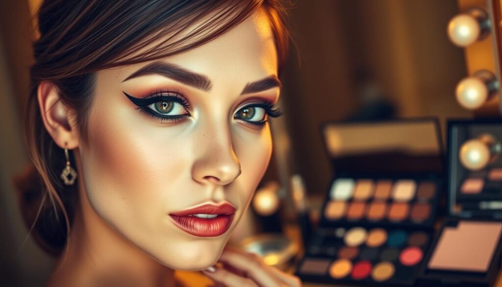 A close-up view of a model with striking eye makeup that demonstrates common mistakes that can make eyes appear smaller. The foreground features a well-groomed woman with elegantly styled hair, wearing modest casual clothing. Her eyes are adorned with heavy eyeliner that overemphasizes the lower lash line, creating a drooping effect, and dark shadow extending too far from the outer corners, further shortening the eye appearance. The middle ground showcases a beautifully arranged makeup palette with unbalanced shades, contrasting sharply with the model's complexion. The background is a softly blurred vanity mirror reflecting warm, golden lighting that enhances the overall warmth of the scene. A subtle awareness of beauty trends fills the atmosphere, evoking a sense of careful examination and artistic exploration. A close-up view of a model with striking eye makeup that demonstrates common mistakes that can make eyes appear smaller. The foreground features a well-groomed woman with elegantly styled hair, wearing modest casual clothing. Her eyes are adorned with heavy eyeliner that overemphasizes the lower lash line, creating a drooping effect, and dark shadow extending too far from the outer corners, further shortening the eye appearance. The middle ground showcases a beautifully arranged makeup palette with unbalanced shades, contrasting sharply with the model's complexion. The background is a softly blurred vanity mirror reflecting warm, golden lighting that enhances the overall warmth of the scene. A subtle awareness of beauty trends fills the atmosphere, evoking a sense of careful examination and artistic exploration.