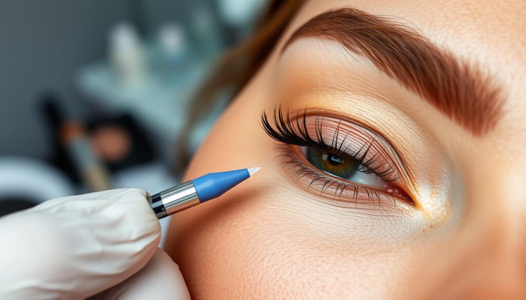 A close-up view of a model's eyebrow area showcasing the intricacies of permanent makeup pigment nuances after a camouflaging procedure. The foreground features vibrant pigments in a semi-transparent layer, artistically blending with the skin tone, highlighting textures and color variations. The middle ground includes gentle brush strokes and makeup tools for application, reflecting a professional aesthetic. The background consists of softly blurred beauty salon elements, emphasizing a clean and inviting environment. Soft, diffused lighting enhances the natural skin texture, creating a calm and informative atmosphere. Capture this scene from a slight angle above, focusing on the eyebrow area, ensuring a realistic and educational depiction without any distracting elements.