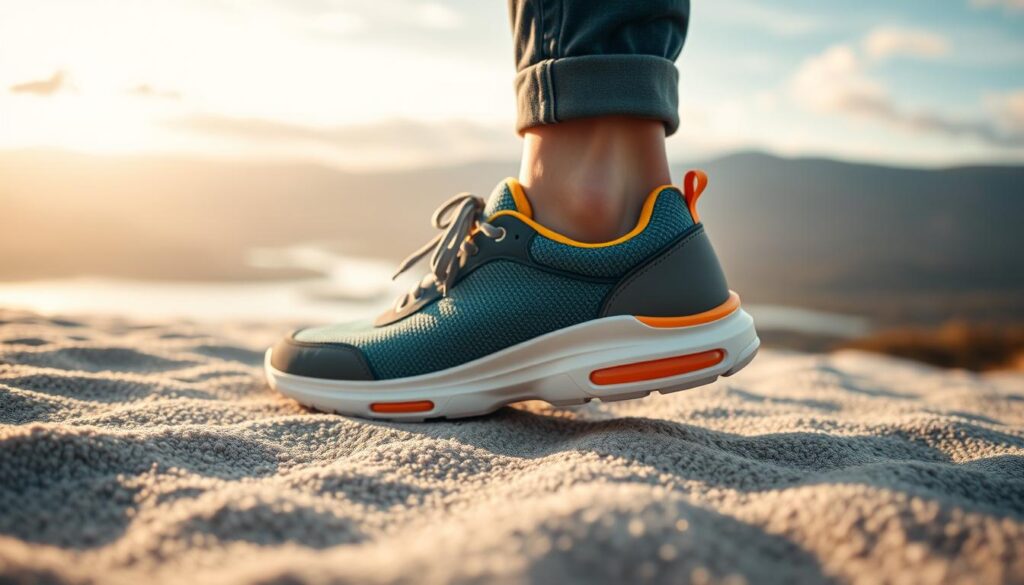 A close-up view of a pair of stylish, eco-friendly sneakers designed by Woden, showcasing their innovative insole and sole technology. The foreground features a detailed shot of the sneakers, emphasizing the texture of the materials, vibrant colors, and ergonomic design. The middle ground displays a comfortable foot stepping onto a soft, textured surface that highlights the cushioning effect of the sole. In the background, a serene Scandinavian landscape with soft natural lighting casts a warm glow, suggesting an eco-conscious lifestyle. The angle is slightly elevated, capturing the sneakers from a dynamic perspective, with a peaceful atmosphere that reflects comfort and style. The setting evokes an inviting and relaxed mood, perfect for conveying the essence of wearing sustainable sneakers. A close-up view of a pair of stylish, eco-friendly sneakers designed by Woden, showcasing their innovative insole and sole technology. The foreground features a detailed shot of the sneakers, emphasizing the texture of the materials, vibrant colors, and ergonomic design. The middle ground displays a comfortable foot stepping onto a soft, textured surface that highlights the cushioning effect of the sole. In the background, a serene Scandinavian landscape with soft natural lighting casts a warm glow, suggesting an eco-conscious lifestyle. The angle is slightly elevated, capturing the sneakers from a dynamic perspective, with a peaceful atmosphere that reflects comfort and style. The setting evokes an inviting and relaxed mood, perfect for conveying the essence of wearing sustainable sneakers.