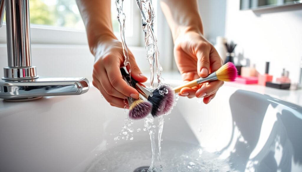 A close-up view of a person's hands gently rinsing various makeup brushes under a steady stream of clear running water. The scene is set in a bright, well-lit bathroom with natural light streaming through a window, casting soft reflections on the sink's surface. The hands, depicted in a modest style, are carefully holding multiple brushes with vibrant, soft bristles, highlighting the gentle process of cleaning. The sink is filled with splashes of water, emphasizing the freshness and effectiveness of washing. In the background, there are subtle hints of cosmetic products arranged neatly on the counter, creating a clean and organized atmosphere. The focus on the action and the brushes conveys a sense of care and attention to hygiene.