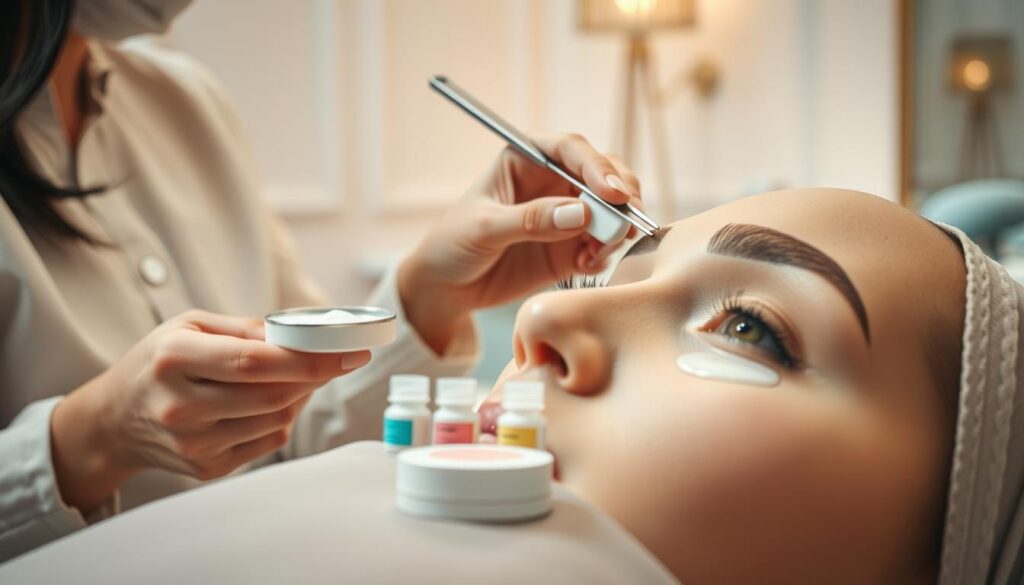 A close-up view of a professional beauty treatment setting, focusing on the process of eyebrow care during the healing phase after permanent makeup application. In the foreground, a cosmetologist in modest and professional attire gently applies a soothing balm to freshly tattooed eyebrows, with tweezers and a small mirror visible nearby. The middle ground features neatly arranged skincare products with labels in soft colors, highlighting ointments and protective gels. In the background, soft, diffused lighting casts a calm and serene atmosphere, with pastel walls and elegant decor to emphasize the importance of skin protection. The image conveys a sense of professionalism and care, illustrating the importance of protecting brow pigment during the healing process.