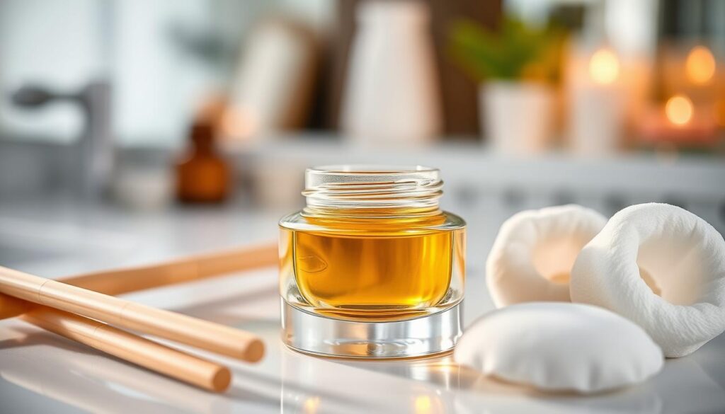 A close-up view of a serene beauty setup featuring an elegant, glass jar of eyebrow care oil designed for maintaining pigmented brows. The jar is surrounded by delicate, spa-like elements such as bamboo sticks for application and soft, natural cotton pads. In the background, a subtle blurred scene of a well-lit vanity space with soft, warm lighting enhances the mood of tranquility and self-care. The focus is on the texture of the eyebrow oil, capturing the light reflecting off the glass, emphasizing its rich, golden hue. The atmosphere conveys calmness, nurturing, and professional skincare, making it ideal for an aesthetic beauty article.