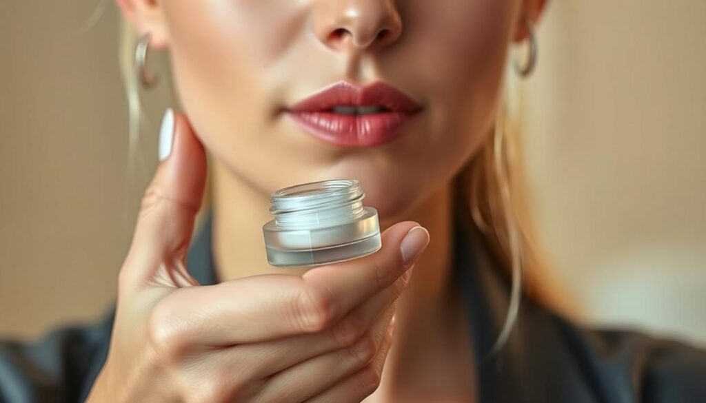 A close-up view of a woman gently applying a moisturizing balm to her lips, showcasing a nurturing and soothing skin care routine during the peeling phase following permanent makeup. The foreground features her hands delicately holding a small, elegant jar of lip balm, with a subtle sparkle of the product catching the light. In the middle, the focus is on her lips, which are soft and slightly taut, hinting at the healing process. The background is a soft, blurred pastel color palette, evoking calmness and serenity. The lighting is warm and soft, resembling natural daylight, adding a cozy and inviting atmosphere to the scene. The woman's attire is casually professional, reflecting a relatable yet polished appearance. A close-up view of a woman gently applying a moisturizing balm to her lips, showcasing a nurturing and soothing skin care routine during the peeling phase following permanent makeup. The foreground features her hands delicately holding a small, elegant jar of lip balm, with a subtle sparkle of the product catching the light. In the middle, the focus is on her lips, which are soft and slightly taut, hinting at the healing process. The background is a soft, blurred pastel color palette, evoking calmness and serenity. The lighting is warm and soft, resembling natural daylight, adding a cozy and inviting atmosphere to the scene. The woman's attire is casually professional, reflecting a relatable yet polished appearance.