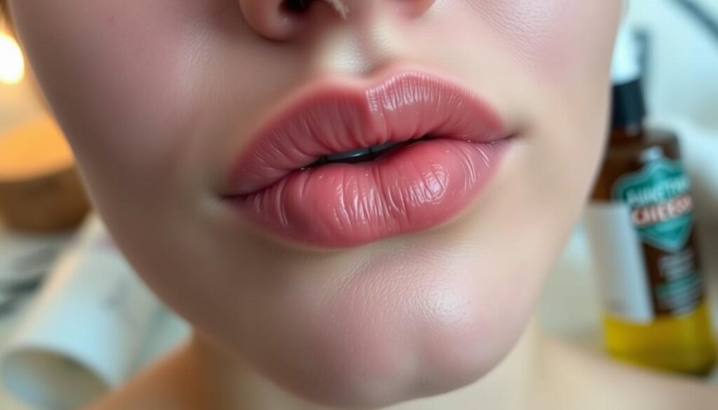 A close-up view of a woman's lips in the foreground, showcasing the healing stages after a cosmetic lip tattoo. The lips are adorned with a soft, natural tint, with visible but subtle signs of healing such as light redness and slight flaking. In the middle ground, a gently blurred background features soothing skincare products like balms and oils, emphasizing a calm and nurturing atmosphere. The lighting is soft and warm, creating an inviting and gentle mood. The image captures the intricacies of the healing process, highlighting care and maintenance, while maintaining a soft focus that enhances the aesthetic appeal. The angle is slightly tilted down from above to create a sense of intimacy and detail without distraction.