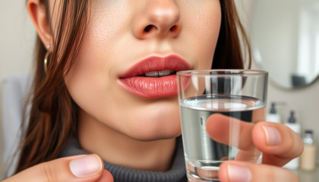 A close-up view of a woman’s lips during the healing process after permanent makeup application. The lips are slightly swollen, showcasing a delicate layer of skin shedding, depicting the natural regeneration phase. Soft, diffused lighting enhances the natural pink hues of the lips while highlighting the texture of the skin. In the foreground, a gentle hand is holding a glass of water, emphasizing the importance of hydration during recovery. The background features a minimalist bathroom setting with a soft-focus mirror and skincare products neatly arranged. The mood is calm and supportive, conveying a sense of care and wellness, perfect for illustrating oral hygiene during the healing stage. The woman's attire is modest and professional, ensuring a suitable visual context. A close-up view of a woman’s lips during the healing process after permanent makeup application. The lips are slightly swollen, showcasing a delicate layer of skin shedding, depicting the natural regeneration phase. Soft, diffused lighting enhances the natural pink hues of the lips while highlighting the texture of the skin. In the foreground, a gentle hand is holding a glass of water, emphasizing the importance of hydration during recovery. The background features a minimalist bathroom setting with a soft-focus mirror and skincare products neatly arranged. The mood is calm and supportive, conveying a sense of care and wellness, perfect for illustrating oral hygiene during the healing stage. The woman's attire is modest and professional, ensuring a suitable visual context.