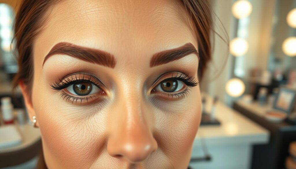 A close-up view of beautifully shaped eyebrows showcasing the effects of semi-permanent makeup, highlighting the rich pigmentation and precise lines. The foreground features a woman's face with elegant, natural makeup wearing professional attire, emphasizing the health and beauty of the brows. In the middle ground, soft lighting enhances the sheen of the eyebrow pigment, illustrating the texture and depth. The background consists of a softly blurred cosmetic studio, adorned with various beauty tools, creating an atmosphere of professionalism and skill in eyebrow artistry. The lighting is warm and inviting, providing a serene mood, while a slight lens blur adds a dreamy feel to the image. Focused on the enduring allure of eyebrow pigmentation, the composition conveys the idea of lasting beauty.