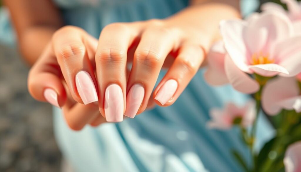 A close-up view of elegantly manicured nails featuring a fresh design that incorporates soft pastel pink and white shades, suitable for a light summer aesthetic. The nails have intricate yet delicate patterns, showcasing harmony with a light blue dress in the background. The foreground focuses on the nails with a vivid detail that highlights their shine and polish, capturing the essence of summer fashion. Soft natural lighting illuminates the scene, creating a warm and inviting atmosphere. The background should exhibit a blurred, abstract depiction of summertime elements, like gentle flowers or soft fabrics, enhancing the overall mood of lightness and elegance. The angle should be slightly above the nails, creating an intimate and stylish composition.