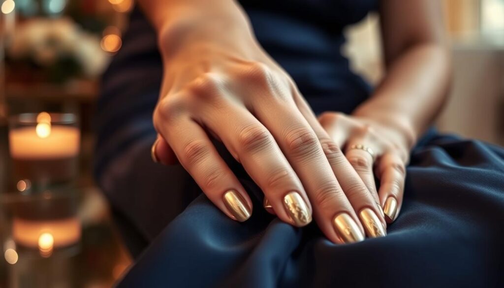 A close-up view of elegantly manicured nails showcasing a metallic finish, emphasizing a color palette of rich gold, silver, and a soft pearlescent shimmer. The nails should be artistically designed with intricate patterns that capture the light, reflecting a luxurious vibe. The foreground features the hands in a graceful gesture, perhaps resting on a polished surface or draped elegantly with fabric. The background is softly blurred, hinting at a sophisticated setting, like a tastefully decorated room or a gala event. Warm, soft lighting highlights the metallic sheen of the nails, creating an inviting atmosphere that conveys elegance and style, ideal for pairing with a navy blue dress. A close-up view of elegantly manicured nails showcasing a metallic finish, emphasizing a color palette of rich gold, silver, and a soft pearlescent shimmer. The nails should be artistically designed with intricate patterns that capture the light, reflecting a luxurious vibe. The foreground features the hands in a graceful gesture, perhaps resting on a polished surface or draped elegantly with fabric. The background is softly blurred, hinting at a sophisticated setting, like a tastefully decorated room or a gala event. Warm, soft lighting highlights the metallic sheen of the nails, creating an inviting atmosphere that conveys elegance and style, ideal for pairing with a navy blue dress.