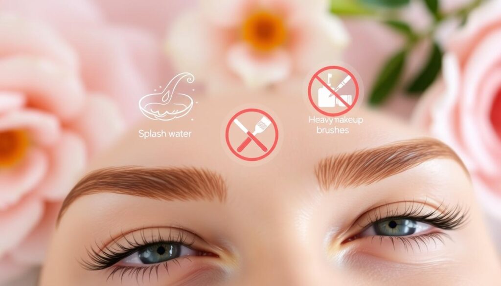 A close-up view of perfectly shaped eyebrows in a soft, natural setting, highlighting key areas to avoid during the first few days after a permanent makeup procedure. In the foreground, display a pair of healthy eyebrows with a gentle sheen, complemented by a soothing background of pastel colors like light pink and soft beige. In the middle, include subtle imagery of prohibited actions such as splashing water, heavy makeup brushes, and skincare products, represented through delicate outlines or silhouettes. The background should feature calming elements like a softly blurred spa scene or gentle floral patterns, creating a serene atmosphere. Use natural lighting to emphasize the softness of the scene, shot at an eye-level angle to evoke a sense of intimacy and care.