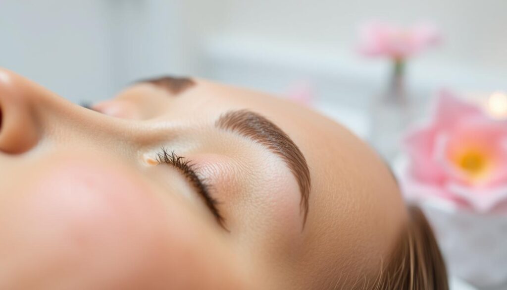 A close-up view of sensitive skin showing signs of micro-pigmentation treatment on an eyebrow area, with a soft-focus background of a calming, spa-like environment. The skin is depicted with a natural, healthy glow, highlighting the texture and subtle variations in color due to the treatment. Use gentle, diffused lighting to accentuate the fine details of the skin and the eyebrow area, creating a serene and professional atmosphere. The foreground should focus on the skin, capturing the nuances of healing, while the background remains blurred with soft pinks and whites to enhance a sense of safety and tranquility. The image should convey an informative and supportive mood.