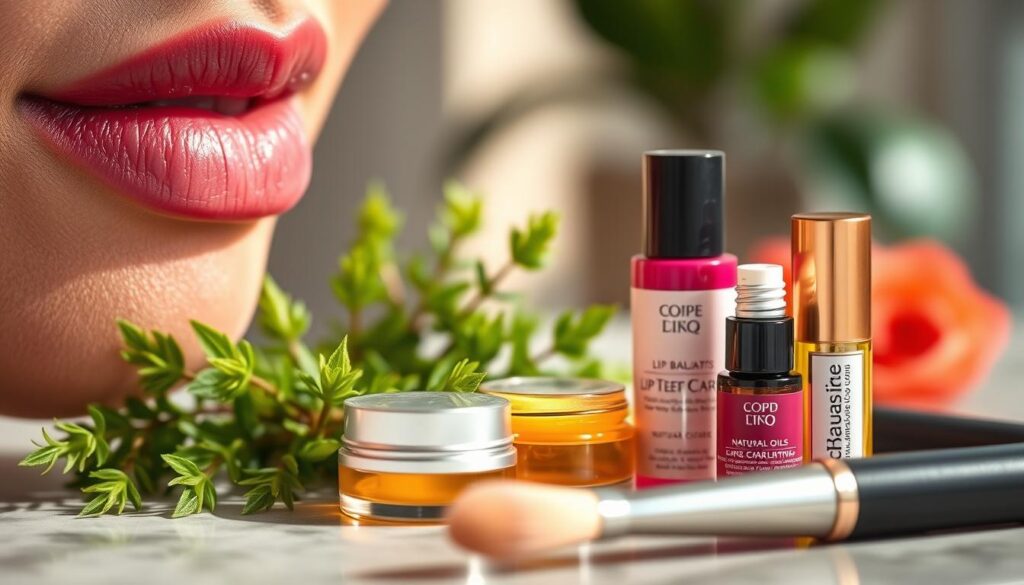 A close-up view of smooth, well-hydrated lips after a permanent makeup treatment, featuring a soft sheen that suggests nourishment and care. In the foreground, luxurious lip balms and natural oils are artistically arranged, with a focus on their elegant packaging. The middle layer showcases lush greenery, symbolizing natural ingredients, with a hint of a stylish makeup brush lying beside the products. The background is softly blurred, offering a warm, inviting ambiance with diffused sunlight filtering through, creating a calm, serene atmosphere. The scene evokes a sense of self-care and beauty, appealing to those seeking to maintain their lip color while ensuring health and wellness.