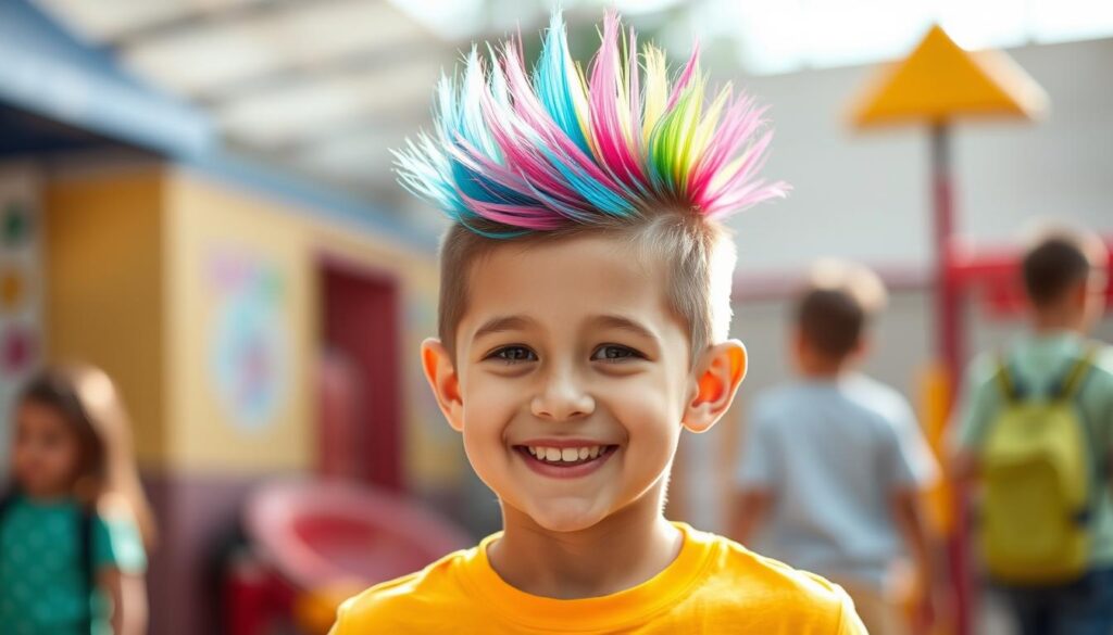 A colorful mohawk hairstyle on a young boy's head, showcasing vibrant hues of blue, green, and pink. The hair is spiky and stands tall, accentuating the boy's playful expression. He is smiling with excitement, dressed in a casual, brightly colored T-shirt. The setting features a cheerful atmosphere, with soft, natural lighting that highlights the vivid colors of the hair. In the background, there are blurred elements of a school playground, suggesting a fun day with friends. Capture the essence of creativity and joy, focusing on the unique hairstyle as the prominent feature of the image. No text or logos should be present. A colorful mohawk hairstyle on a young boy's head, showcasing vibrant hues of blue, green, and pink. The hair is spiky and stands tall, accentuating the boy's playful expression. He is smiling with excitement, dressed in a casual, brightly colored T-shirt. The setting features a cheerful atmosphere, with soft, natural lighting that highlights the vivid colors of the hair. In the background, there are blurred elements of a school playground, suggesting a fun day with friends. Capture the essence of creativity and joy, focusing on the unique hairstyle as the prominent feature of the image. No text or logos should be present.