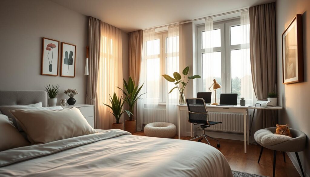 A cozy and stylish bedroom-cum-office space designed for Roksana Węgiel, showcasing a modern aesthetic with a touch of personal warmth. In the foreground, a neatly made bed with soft, pastel-colored bedding and plush pillows. On the side, a chic workspace featuring a sleek desk with a laptop and some stylish stationery. A fluffy cat bed rests nearby, hinting at the pet-friendly vibe of the room. In the middle ground, large windows allow soft, golden sunlight to spill in, illuminating the elegant curtains and decorative plants. The background features decorative artwork on the walls and a gentle color palette of light grays and muted greens, creating a tranquil atmosphere perfect for relaxation and productivity. The scene should evoke a sense of comfort and creativity, captured from a slight angle to highlight both the bedroom and the workspace effectively. A cozy and stylish bedroom-cum-office space designed for Roksana Węgiel, showcasing a modern aesthetic with a touch of personal warmth. In the foreground, a neatly made bed with soft, pastel-colored bedding and plush pillows. On the side, a chic workspace featuring a sleek desk with a laptop and some stylish stationery. A fluffy cat bed rests nearby, hinting at the pet-friendly vibe of the room. In the middle ground, large windows allow soft, golden sunlight to spill in, illuminating the elegant curtains and decorative plants. The background features decorative artwork on the walls and a gentle color palette of light grays and muted greens, creating a tranquil atmosphere perfect for relaxation and productivity. The scene should evoke a sense of comfort and creativity, captured from a slight angle to highlight both the bedroom and the workspace effectively.