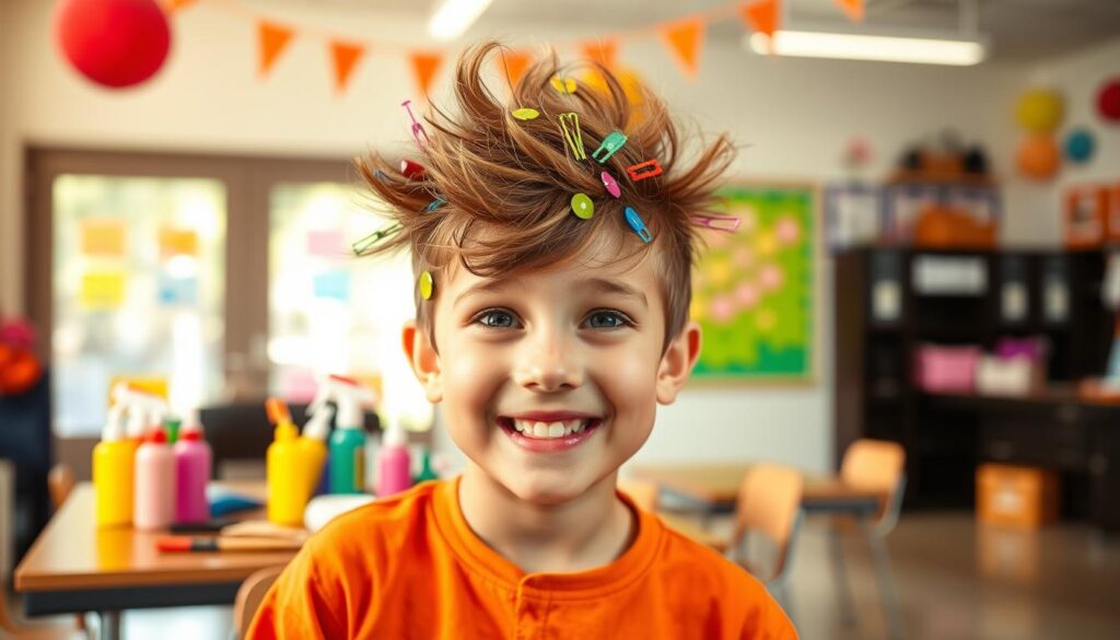 A creative, step-by-step DIY hairstyle for boys, showcasing a colorful and playful look for a special school event. In the foreground, a young boy with a joyful expression sports a fun, spiky hairstyle adorned with bright colored hair gel and playful accessories like stickers or small clips. His modest casual clothing adds to the cheerful vibe. In the middle background, a workspace is set up with crafting materials, such as hair gel, colorful sprays, brushes, and hair clips, suggesting a DIY process. The background features a bright and lively classroom scene with decorations that enhance the festive mood. The lighting is warm and inviting, creating a cheerful atmosphere, captured with a soft focus lens to emphasize the boy's hairstyle. A creative, step-by-step DIY hairstyle for boys, showcasing a colorful and playful look for a special school event. In the foreground, a young boy with a joyful expression sports a fun, spiky hairstyle adorned with bright colored hair gel and playful accessories like stickers or small clips. His modest casual clothing adds to the cheerful vibe. In the middle background, a workspace is set up with crafting materials, such as hair gel, colorful sprays, brushes, and hair clips, suggesting a DIY process. The background features a bright and lively classroom scene with decorations that enhance the festive mood. The lighting is warm and inviting, creating a cheerful atmosphere, captured with a soft focus lens to emphasize the boy's hairstyle.