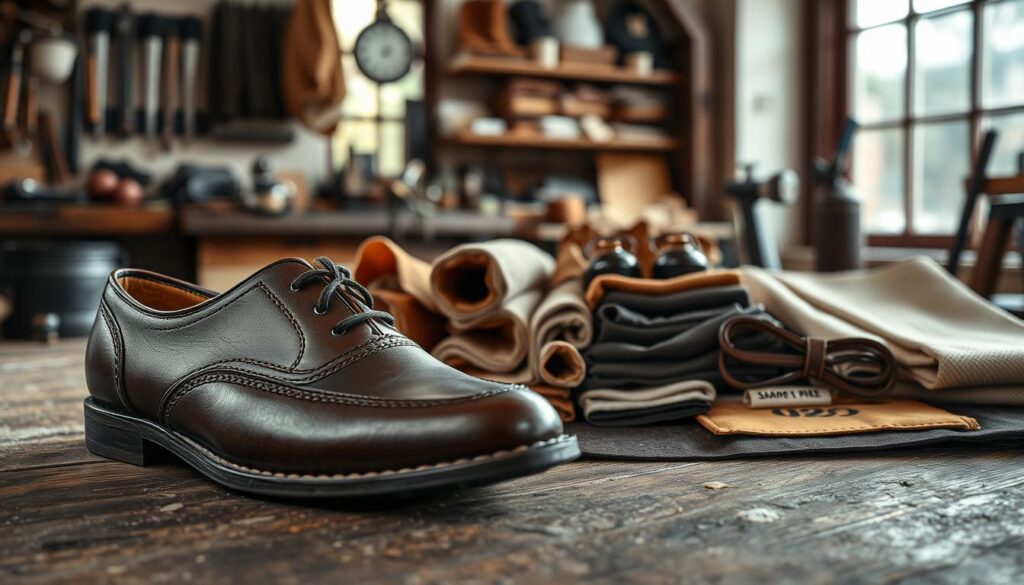 A detailed and informative image showcasing the materials and craftsmanship of footwear for an article. In the foreground, display an elegant shoe, focusing on textures like premium leather and breathable fabric, highlighting stitching and craftsmanship details. In the middle, present a neatly arranged collection of various shoe materials, such as suede, canvas, and rubber, each labeled subtly. The background should consist of a cozy workshop atmosphere, with tools and equipment used for shoe making, softly illuminated by natural light coming through a window. Use a shallow depth of field to blur the background slightly, drawing attention to the shoe and materials, evoking a professional yet inviting mood in the craftsmanship of casual footwear.