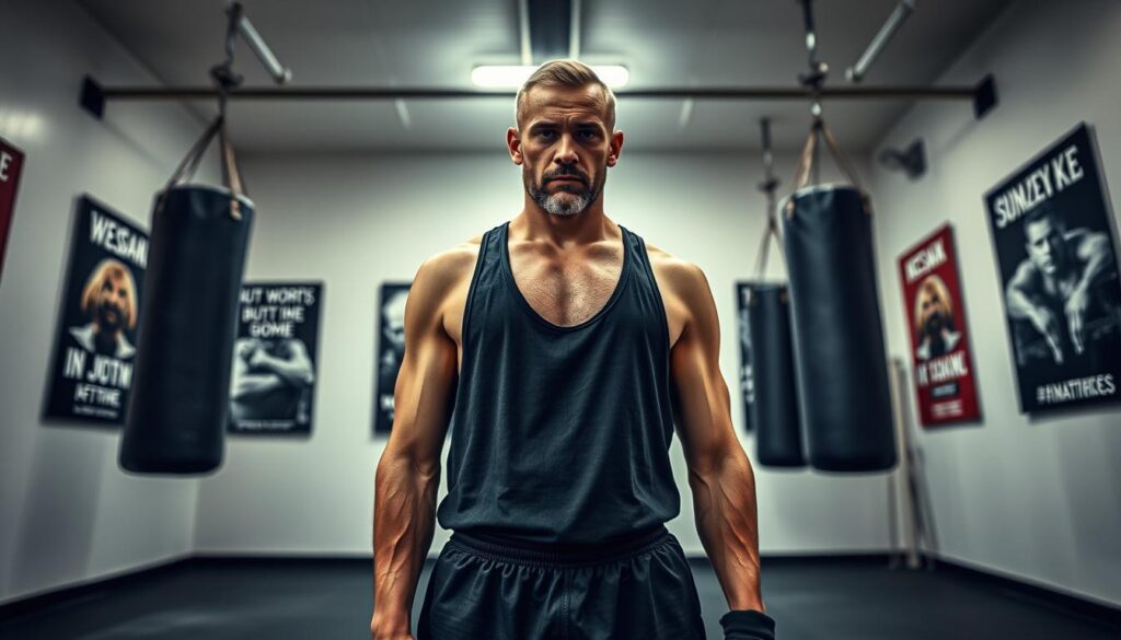 A dramatic portrait of Jacek Murański, a prominent figure in the freak fight world and an actor, standing confidently in a training gym. In the foreground, he is depicted wearing modest athletic wear, showcasing a determined expression that reflects his intense dedication to both his acting and fighting career. The middle ground features gym equipment, such as punching bags and mats, surrounded by motivational posters. The background includes soft diffused lighting from overhead lights, creating an energetic yet focused atmosphere. The composition is shot from a low angle, emphasizing his stature and presence, with a slightly blurred depth of field to highlight Jacek as the focal point while keeping the environment recognizable. The overall mood is empowering and dynamic, capturing the essence of his dual career.