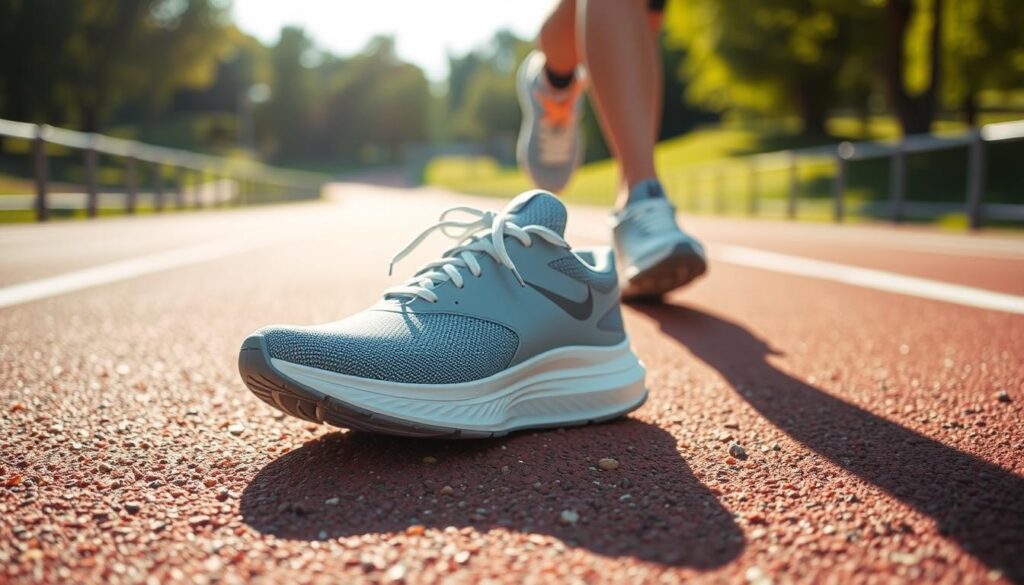 A dynamic scene showcasing a pair of high-quality running shoes, emphasizing their intricate cushioning and shock absorption features. The shoes are positioned prominently in the foreground, with detailed textures visible, highlighting the breathable material and advanced sole design. In the middle ground, a textured running track is visible, blurred slightly to suggest motion, with hints of vibrant green park scenery in the background. The lighting is bright and natural, suggesting a sunny day, with a soft glow highlighting the shoes. The perspective is slightly low, creating a sense of confidence and action. The mood is energetic and motivating, ideal for emphasizing athletic performance and comfort.