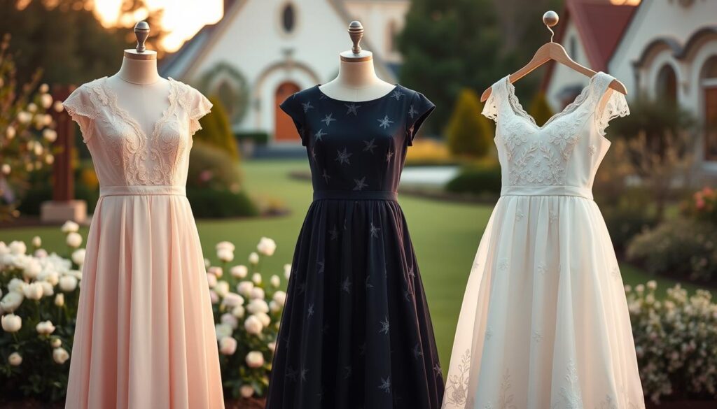 A fashionable collection of elegant communion dresses for mothers and godmothers in the 2026 season. In the foreground, display three stylish dresses: one in soft pastel pink with delicate lace details, another in a sophisticated navy blue with subtle floral patterns, and a third in a classic white with elegant embroidery. Each dress should showcase unique necklines and flowing silhouettes, reflecting both grace and modern trends. In the middle, a softly blurred garden setting with blooming flowers and gentle greenery to enhance a springtime atmosphere. The lighting is warm, reminiscent of golden hour, creating a serene and inviting mood. A soft-focus background captures a glimpse of a charming church, symbolizing the sacred event. The overall composition should inspire feelings of joy and celebration appropriate for a communion ceremony.