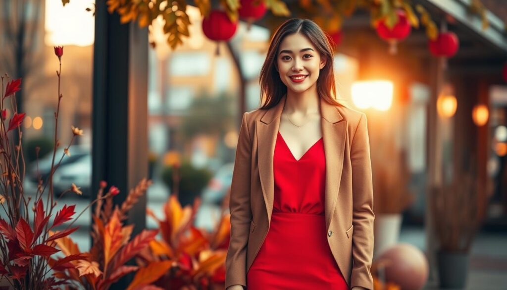 A fashionable scene showcasing a seasonal outfit styled with red elements, featuring a model dressed in a stylish red dress. The woman, exuding confidence, wears a chic tailored jacket, balancing elegance and trendiness. She stands in the foreground with a soft smile, her posture relaxed yet poised. The middle ground displays an artistic array of seasonal decorations, like autumn leaves or spring blossoms, subtly hinting at the passing seasons. The background features a blurred urban setting with warm, golden hour lighting that creates a welcoming atmosphere. The image captures a harmonious blend of colors and textures, emphasizing the idea of versatility in fashion. The overall mood is sophisticated and inviting, perfect for illustrating a stylish and balanced look. A fashionable scene showcasing a seasonal outfit styled with red elements, featuring a model dressed in a stylish red dress. The woman, exuding confidence, wears a chic tailored jacket, balancing elegance and trendiness. She stands in the foreground with a soft smile, her posture relaxed yet poised. The middle ground displays an artistic array of seasonal decorations, like autumn leaves or spring blossoms, subtly hinting at the passing seasons. The background features a blurred urban setting with warm, golden hour lighting that creates a welcoming atmosphere. The image captures a harmonious blend of colors and textures, emphasizing the idea of versatility in fashion. The overall mood is sophisticated and inviting, perfect for illustrating a stylish and balanced look.