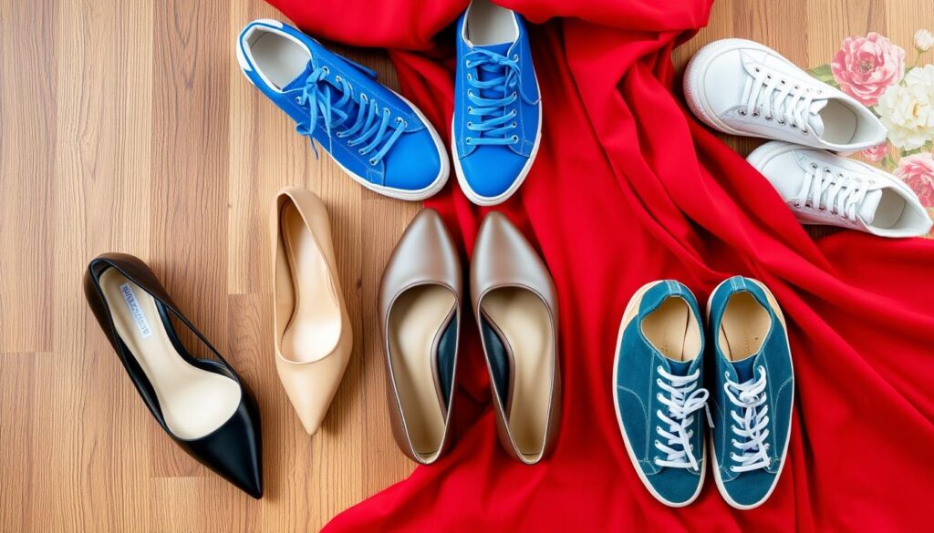 A flat lay arrangement featuring various types of footwear that complement a red dress. In the foreground, display a pair of elegant black stilettos and soft nude pumps, complemented by vibrant blue and classic white sneakers arranged aesthetically. In the middle, include a polished wooden surface with subtle textures, enhancing the visual appeal of the shoes. In the background, soften the focus with a blurry floral pattern that suggests a romantic atmosphere, evoking the mood of a sophisticated yet casual day out. Natural lighting creates gentle shadows, highlighting the different materials and colors. Capture the image from a slight overhead angle, allowing the viewer to appreciate the color harmony and potential styling options with a red dress.