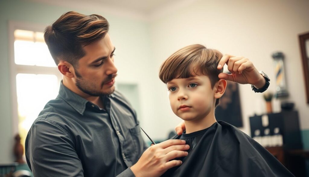 A focused scene featuring a skilled barber carefully trimming the medium-length hair of a young boy in a bright, well-lit barber shop. The boy, around 8 years old, has an expressive face, wearing a black hair cutting cape with a comfortable t-shirt underneath. The barber, dressed in a professional outfit, concentrates on shaping the boy's hair, using scissors to create a neat and stylish look. In the background, soft pastel-colored walls and classic barber tools are subtly visible. Natural light filters through a nearby window, casting a warm, inviting glow over the scene. The atmosphere is calm and focused, emphasizing the importance of achieving a tidy hairstyle without excessive styling.