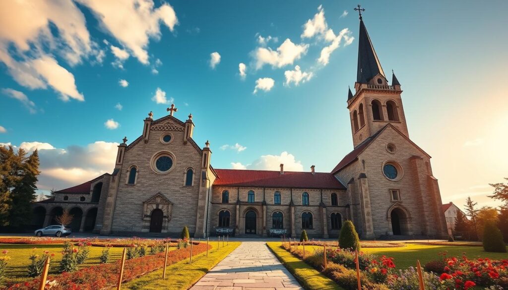 A grand view of the Redemptorist monastery in Toruń, showcasing its majestic architecture and peaceful surroundings. In the foreground, a well-maintained garden with colorful flowers and a stone pathway leading to the entrance. The middle ground features the historic stone building with intricate details, large arched windows, and a tall bell tower adorned with religious symbols. In the background, a bright blue sky with fluffy white clouds. Soft, warm sunlight illuminates the scene, casting gentle shadows that enhance the building's features. The atmosphere is serene and contemplative, inviting viewers to reflect on the place's significance. The image captures a sense of tranquility and reverence associated with this sacred space.