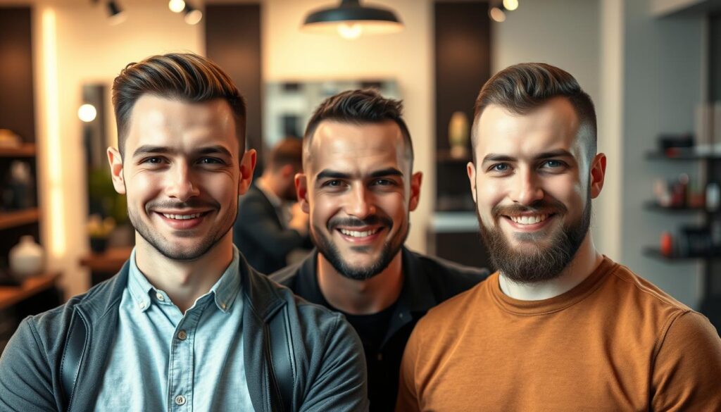 A group of men with various face shapes, showcasing buzz cuts in a stylish salon environment. In the foreground, there are three men: one with a square face, one with an oval face, and another with a round face, all smiling and wearing casual yet professional attire. The middle ground features a barber working on a client’s buzz cut, while the background reveals a modern salon with soft, warm lighting, enhancing the relaxed atmosphere. The image should be captured from a slightly elevated front angle, focusing on the men's hairstyles and facial features, to illustrate the versatility of the buzz cut. The overall mood is inviting and informative, emphasizing confidence and modern masculinity. A group of men with various face shapes, showcasing buzz cuts in a stylish salon environment. In the foreground, there are three men: one with a square face, one with an oval face, and another with a round face, all smiling and wearing casual yet professional attire. The middle ground features a barber working on a client’s buzz cut, while the background reveals a modern salon with soft, warm lighting, enhancing the relaxed atmosphere. The image should be captured from a slightly elevated front angle, focusing on the men's hairstyles and facial features, to illustrate the versatility of the buzz cut. The overall mood is inviting and informative, emphasizing confidence and modern masculinity.