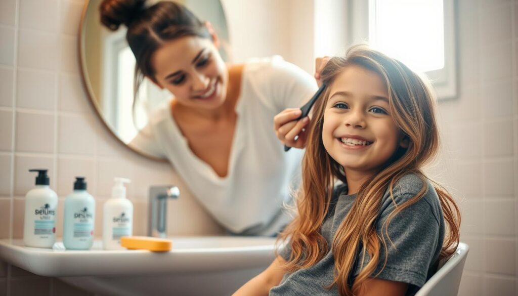 A heartwarming scene of a young boy with long hair, around 7 years old, sitting comfortably in a cozy bathroom while his mother gently combs through his hair. The boy has a joyful expression, his hair flowing down past his shoulders, showcasing the natural waves and shine. The background features soft pastel-colored tiles and a mirror reflecting warm sunlight filtering through a window, creating an inviting atmosphere. A few hair care products like a gentle shampoo, conditioner, and a soft brush are neatly arranged on the counter. The lighting is soft and natural, enhancing the warm, nurturing vibe of the moment. The scene captures the essence of effortless hair care for boys, focusing on the bond between parent and child. A heartwarming scene of a young boy with long hair, around 7 years old, sitting comfortably in a cozy bathroom while his mother gently combs through his hair. The boy has a joyful expression, his hair flowing down past his shoulders, showcasing the natural waves and shine. The background features soft pastel-colored tiles and a mirror reflecting warm sunlight filtering through a window, creating an inviting atmosphere. A few hair care products like a gentle shampoo, conditioner, and a soft brush are neatly arranged on the counter. The lighting is soft and natural, enhancing the warm, nurturing vibe of the moment. The scene captures the essence of effortless hair care for boys, focusing on the bond between parent and child.