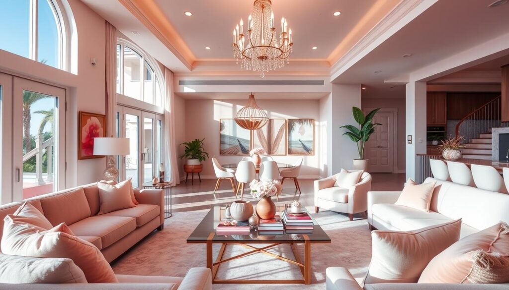 A luxurious interior of Kylie Jenner's California home, featuring soft pink accents throughout. In the foreground, an elegant living room with plush furniture, a designer coffee table adorned with chic decor, and oversized windows allowing natural light to flood in. The middle ground showcases a stylish dining area with a modern chandelier, surrounded by tasteful artworks and houseplants that brighten the space. The background includes hints of a sleek kitchen and glamorous staircase, all bathed in warm, inviting lighting. Capture a cozy yet opulent atmosphere with an angle that emphasizes the spaciousness and sophistication of the design, evoking a sense of celebrity lifestyle and luxury.