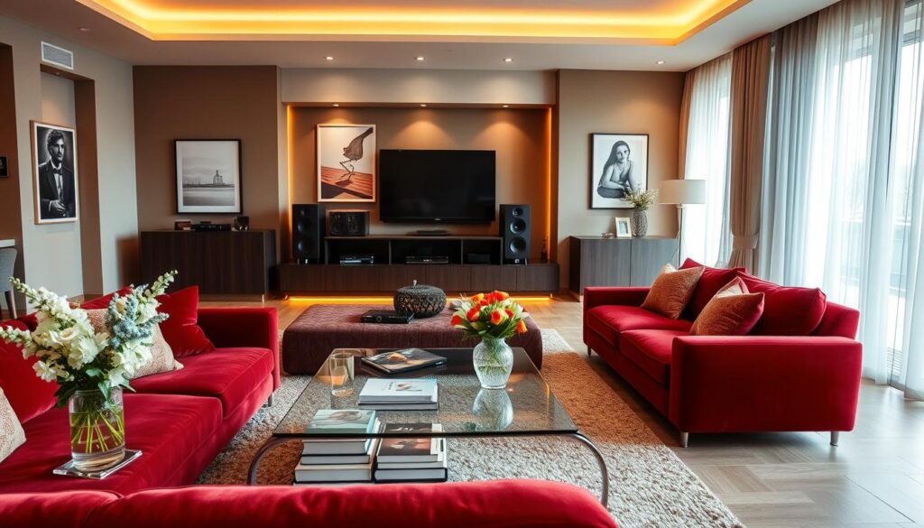 A luxurious living room in Michał Wiśniewski's home, showcasing modern design elements. In the foreground, a plush velvet sofa in deep red complemented by an elegant glass coffee table adorned with decorative books and a vase of fresh flowers. In the middle, a tastefully arranged entertainment center featuring artwork, a state-of-the-art sound system, and soft ambient lighting creating a warm atmosphere. The background reveals large windows draped with sheer curtains that allow natural light to stream in, highlighting the vibrant colors of the room. The walls are adorned with contemporary art pieces, adding character and sophistication. Capture this cozy yet stylish interior, emphasizing a blend of comfort and modern aesthetics, using soft, warm lighting and a wide-angle lens to emphasize the space. A luxurious living room in Michał Wiśniewski's home, showcasing modern design elements. In the foreground, a plush velvet sofa in deep red complemented by an elegant glass coffee table adorned with decorative books and a vase of fresh flowers. In the middle, a tastefully arranged entertainment center featuring artwork, a state-of-the-art sound system, and soft ambient lighting creating a warm atmosphere. The background reveals large windows draped with sheer curtains that allow natural light to stream in, highlighting the vibrant colors of the room. The walls are adorned with contemporary art pieces, adding character and sophistication. Capture this cozy yet stylish interior, emphasizing a blend of comfort and modern aesthetics, using soft, warm lighting and a wide-angle lens to emphasize the space.