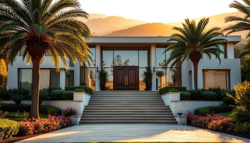 A luxurious mansion in Hidden Hills, California, showcasing modern architecture with clean lines and expansive glass windows. In the foreground, well-manicured gardens with vibrant flowers and palm trees create a tropical ambiance. The middle layer features the grand entrance with elegant stone steps leading to an ornate wooden door. The background reveals the rolling hills of California bathed in golden sunlight during the golden hour, enhancing the tranquil atmosphere. Soft shadows play across the façade of the house, emphasizing its sophistication. The scene captures a serene and exclusive lifestyle. The composition is seen from a low angle to highlight the mansion's grandeur, with a wide angle to encompass the lush surroundings. The color palette features warm tones, reflecting the luxurious atmosphere.
