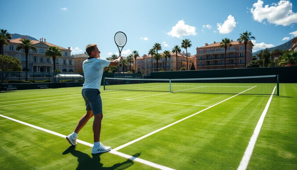 A luxurious tennis court set in the beautiful surroundings of Monte Carlo, featuring vibrant green grass and immaculate white lines. In the foreground, a professional male tennis player, dressed in a smart, sporty outfit, practices his serve with focus and determination. The middle ground showcases the elegant architecture of upscale residences and palm trees, characteristic of Monte Carlo’s charm. In the background, the sparkling Mediterranean Sea glistens under a bright blue sky, with a few fluffy white clouds scattered. The lighting is bright and sunny, creating a warm atmosphere indicative of Monte Carlo's prestigious lifestyle. The angle captures the essence of both the sport and the stunning locale, highlighting why this place is a desirable home for a world-class athlete. A luxurious tennis court set in the beautiful surroundings of Monte Carlo, featuring vibrant green grass and immaculate white lines. In the foreground, a professional male tennis player, dressed in a smart, sporty outfit, practices his serve with focus and determination. The middle ground showcases the elegant architecture of upscale residences and palm trees, characteristic of Monte Carlo’s charm. In the background, the sparkling Mediterranean Sea glistens under a bright blue sky, with a few fluffy white clouds scattered. The lighting is bright and sunny, creating a warm atmosphere indicative of Monte Carlo's prestigious lifestyle. The angle captures the essence of both the sport and the stunning locale, highlighting why this place is a desirable home for a world-class athlete.